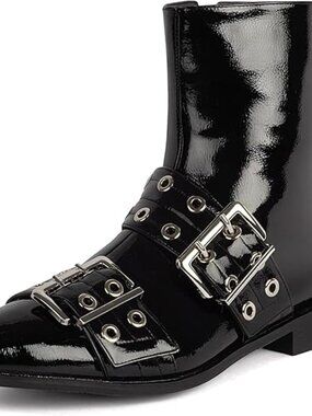 Women's Black/Patent faux leather Pointed Toe Heel Cowgirl Boots with Pull Tabs